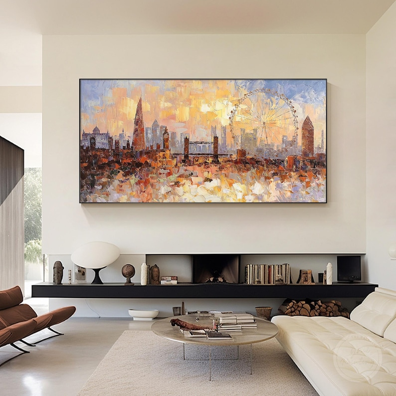 Modern living room featuring a 3D London skyline painting with raised impasto texture above a sofa, textured cityscape wall art in neutral tones creating a contemporary home decor style.