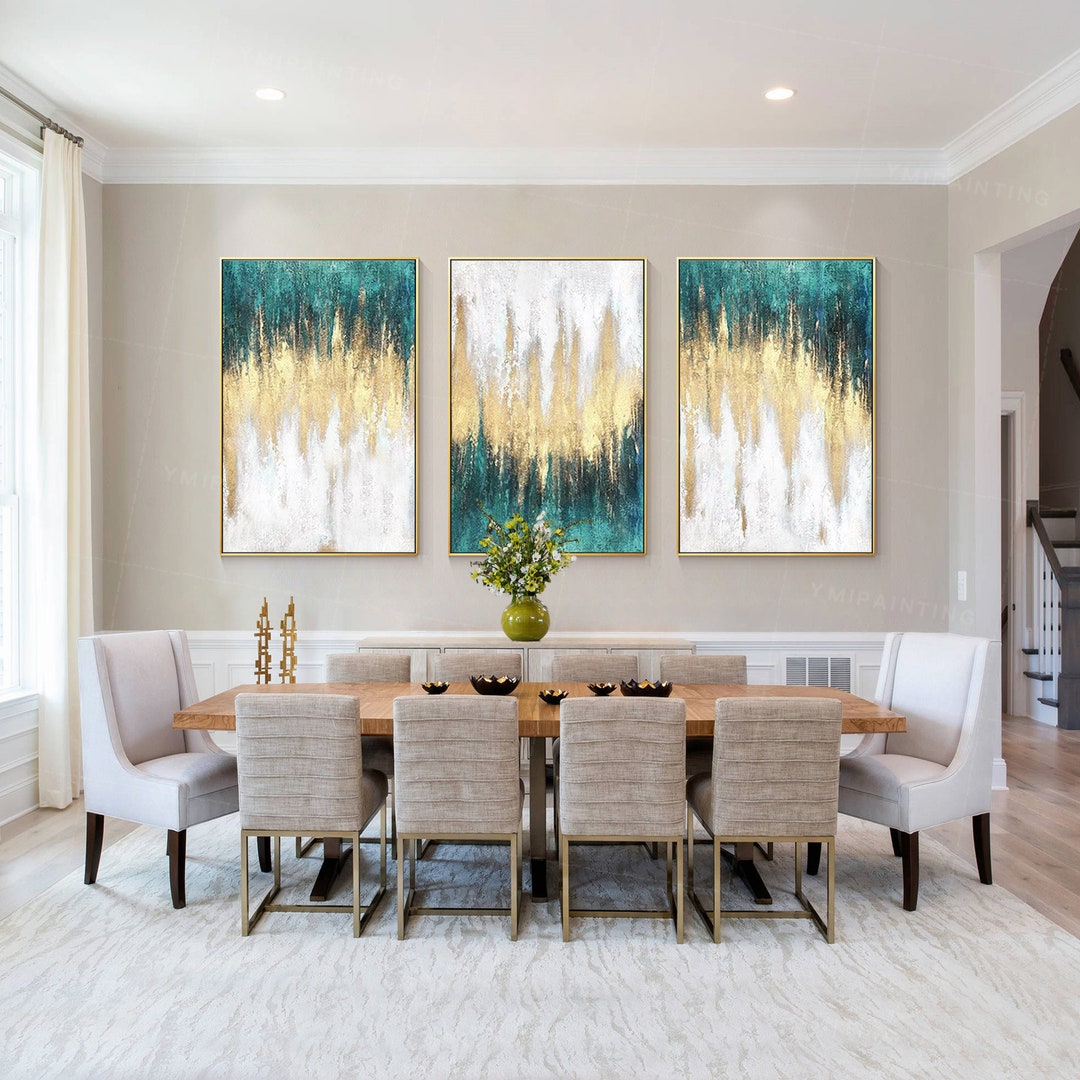 Abstract Painting Set,teal and Gold Wall Art,teal Wall Art,framed Art