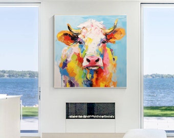 Colorful Cow Painting: Large Original Acrylic Canvas Art,living