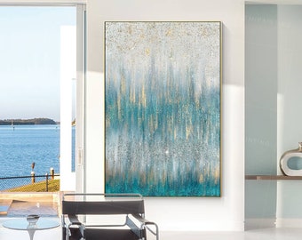 Teal Glitter Painting: Crushed Glass, Silver & Gold Glam Art