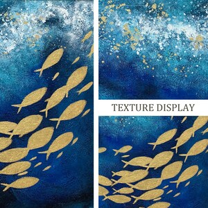 May include: Abstract painting of a school of gold fish swimming in a blue and white textured background. The text "TEXTURE DISPLAY" is at the top of the image.