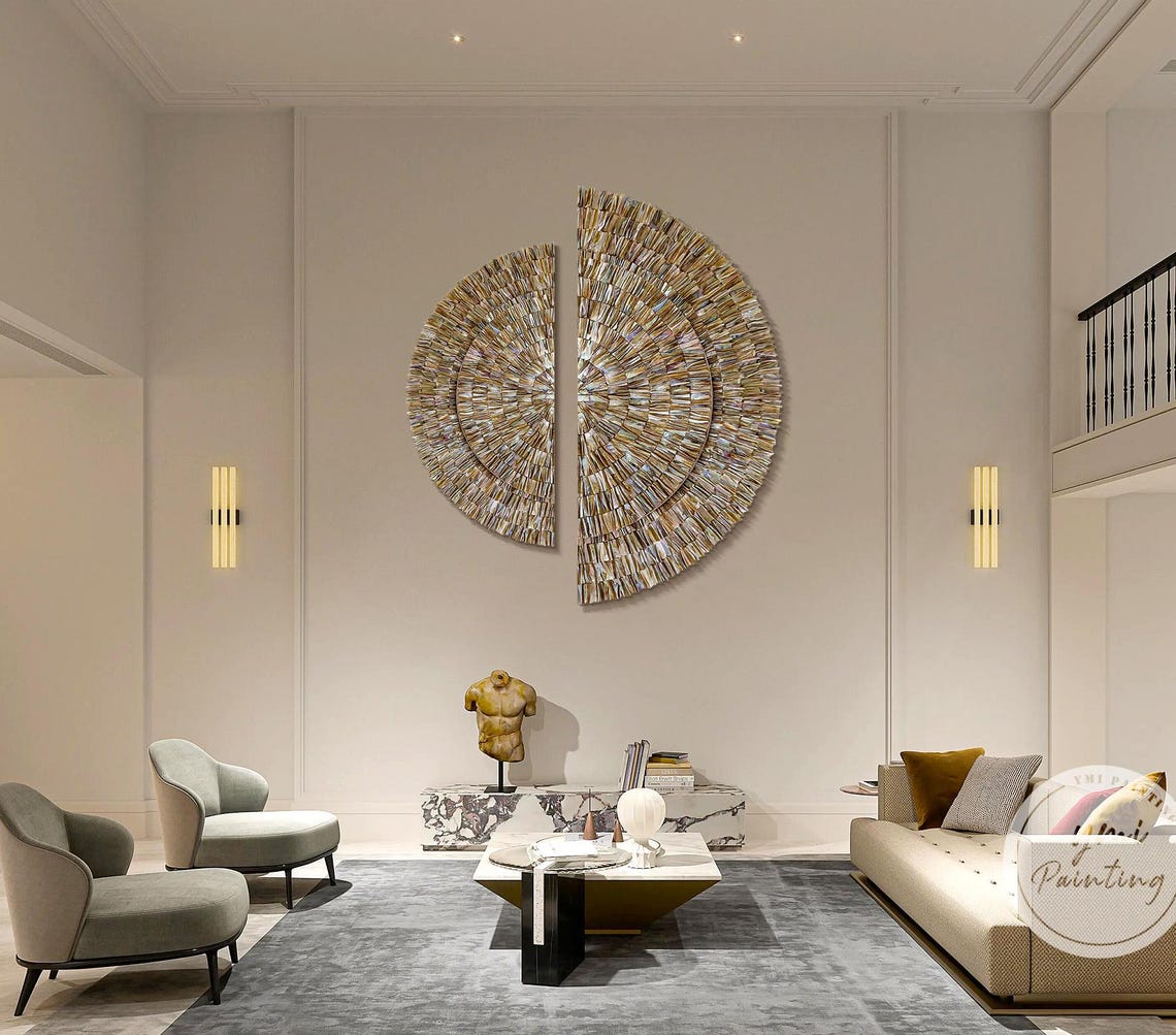 A handcrafted 3D shell wall hanging featuring a semicircular design with natural seashells arranged in a wabi-sabi aesthetic