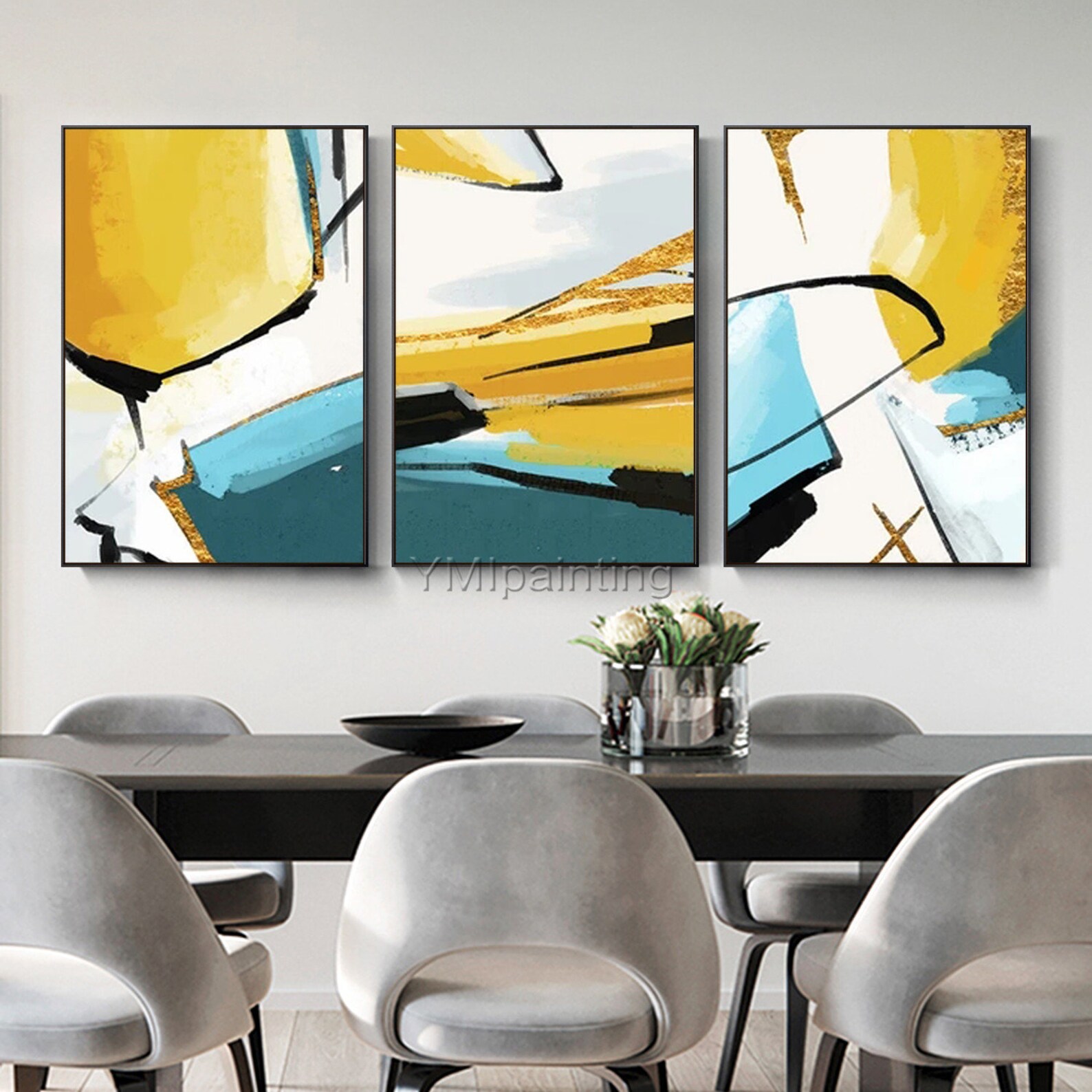 Framed Wall Art Set of 3 Wall Art Gold Leaf Yellow Black - Etsy