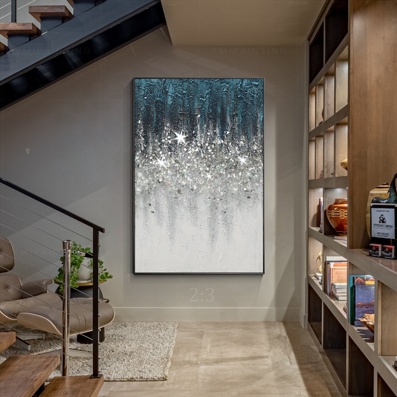 Original Glitter Paintingteal Wall Artsilver Glitter Wall Etsy