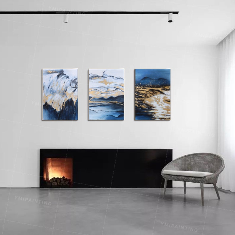 Navy Blue Wall Art 3 Piece Wall Art Abstract Mountain Set of 3 Etsy