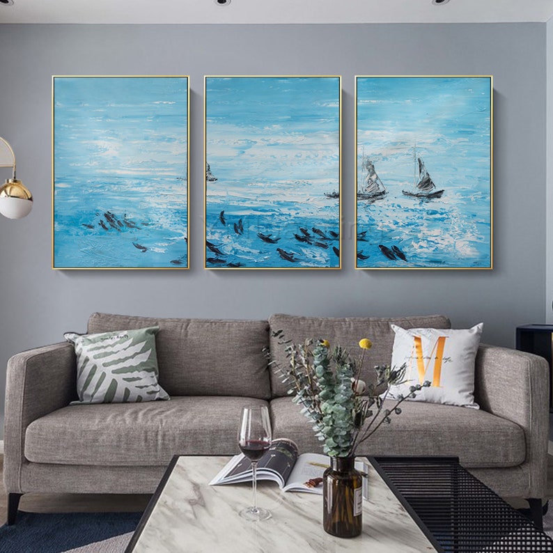 Set of 3 Wall Art Teal Blue Framed Wall Art Sea Fishes Etsy