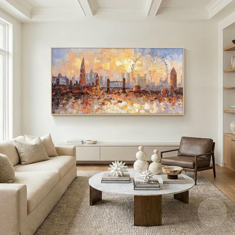 Contemporary living room with a large London skyline wall art painting featuring three dimensional texture and palette knife details, modern cityscape artwork for urban home decor.