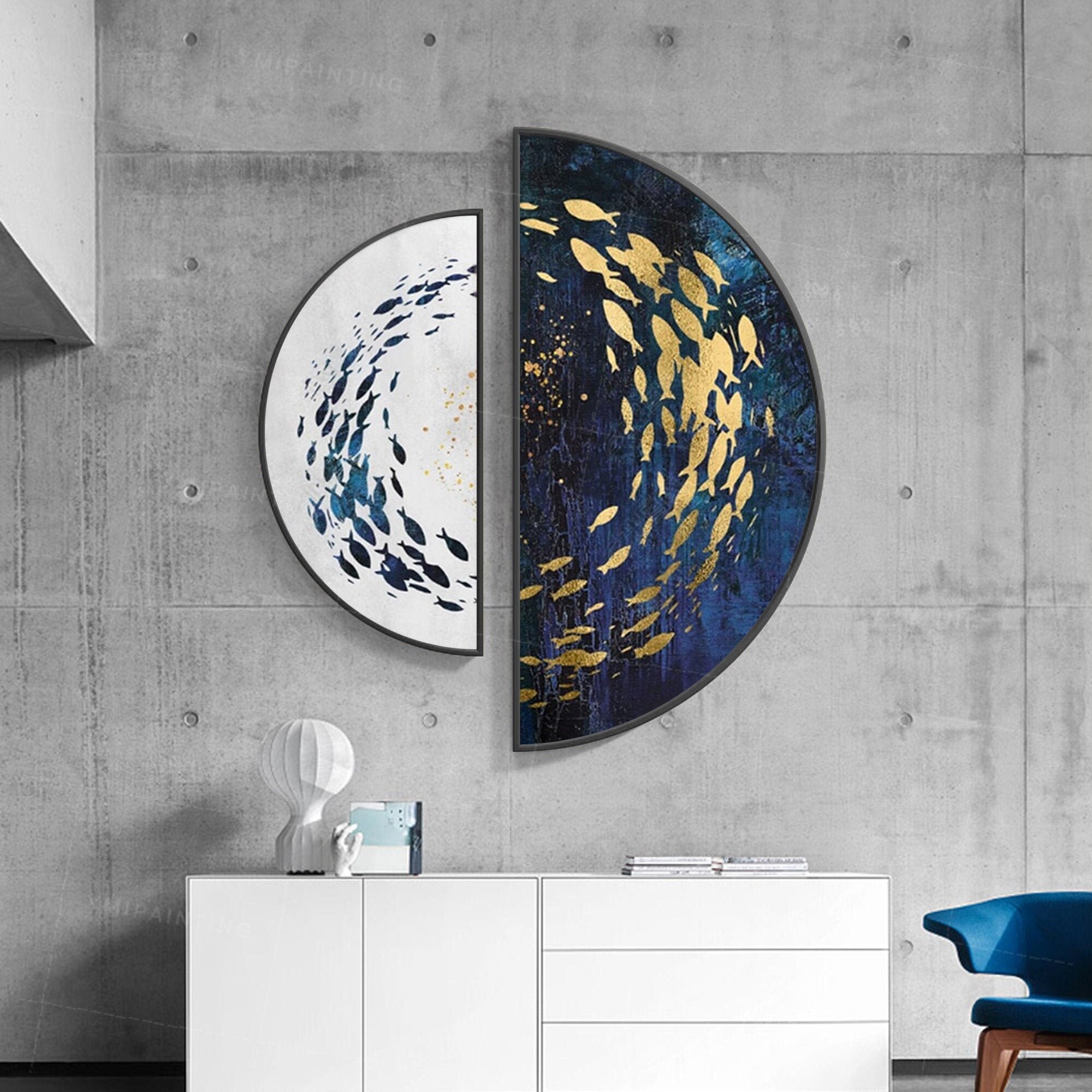 2 piece wall art,Semicircle wall art,school fish painting,fish wall art,koi fish art,Round wall art,gold art,navy blue wall art,Ymipainting