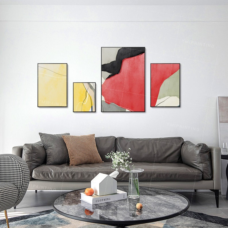 Set of 4 Wall Art Mustard Yellow Art Abstract Acrylic Geometry Etsy