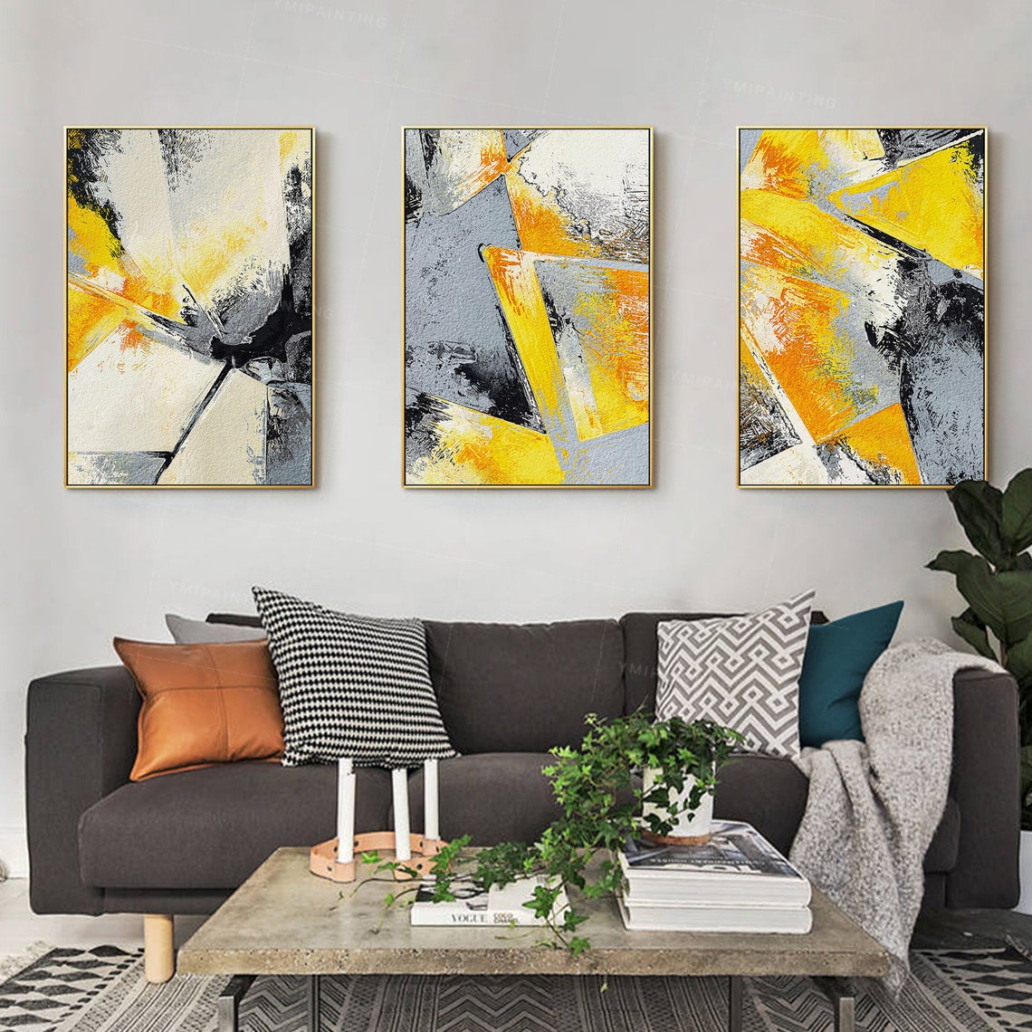 Set of 3 Wall Art framed painting grey art mustard painting 3 | Etsy