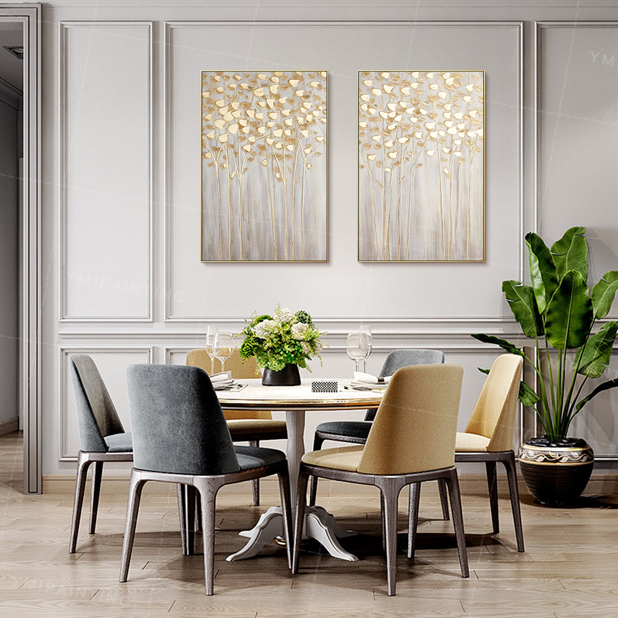 Set of 2 wall art Gold art framed paintings on canvas art Etsy