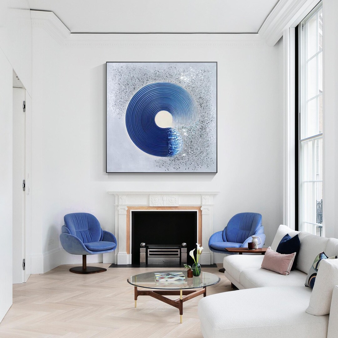 Original Crushed Glass Art: Navy Blue Enso Circle, 3D Textured Painting ...
