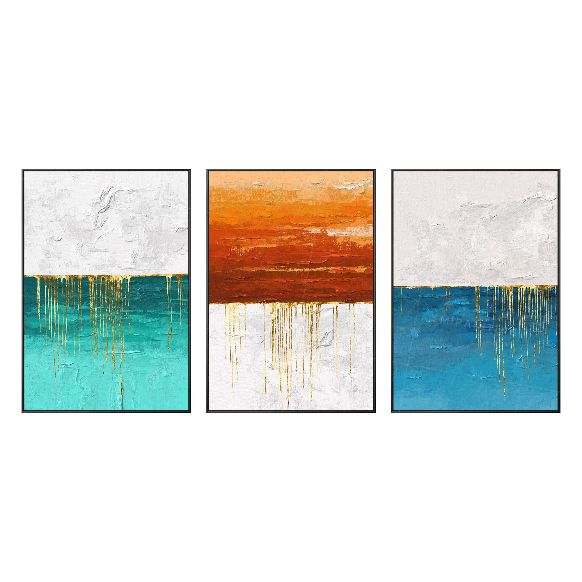 Framed painting Set of 3 wall art Gold paintings on canvas Etsy