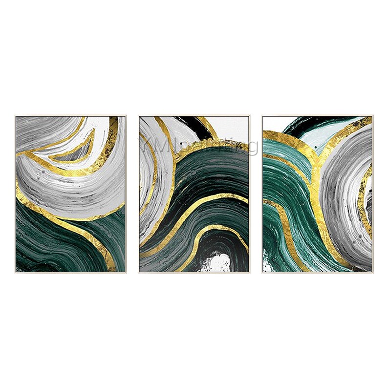 Emerald green wall art Framed painting set of 3 wall art Gold Etsy