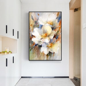 Pintura al óleo de flores blancas: Arte floral con espátula sobre lienzo. imagen 2