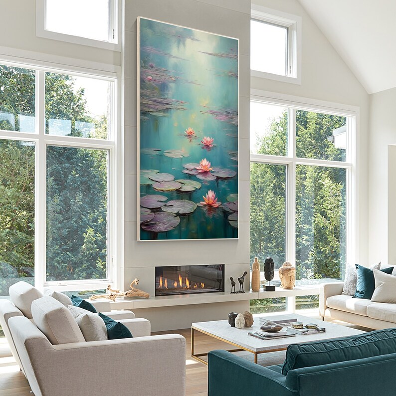 May include: A painting depicting pink water lilies on a pond with green lily pads. The water is a light blue and the background is a soft, hazy blue.