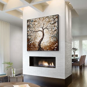 Brown tree flower painting,large tree of life painting,brown tree painting on canvas,tree of life wall art,large framed art,brown wall art