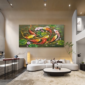 Original 9 koi fish painting with lotus art,large Koi fish art,fengshui art,koi painting,koi wall art,green wall art,textured art,Ymipaint