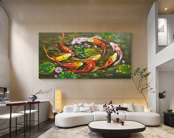Original Koi Fish Painting with Lotus: Large Textured Feng Shui Art