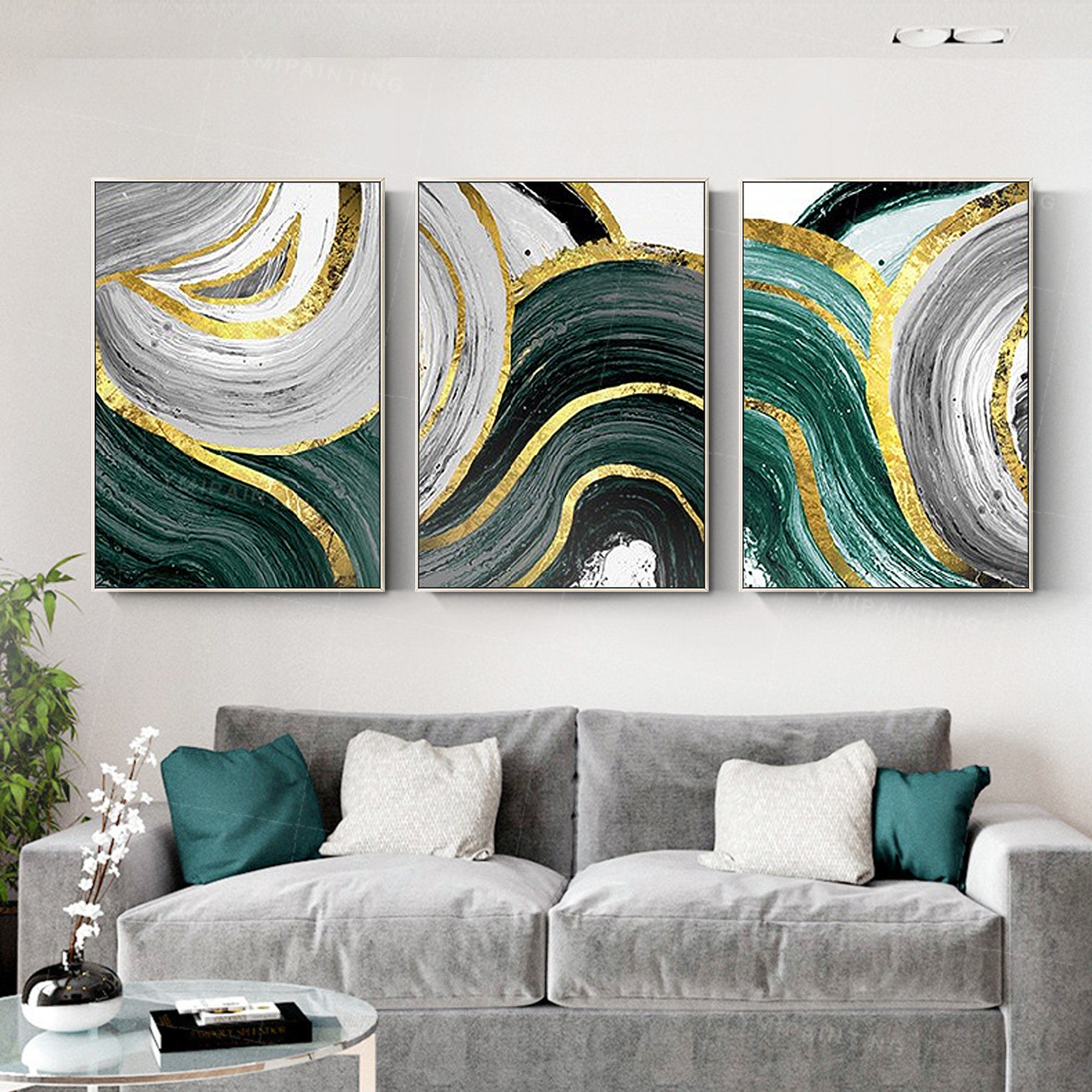 Emerald wall art Framed painting set of 3 wall art Gold Leaf Etsy