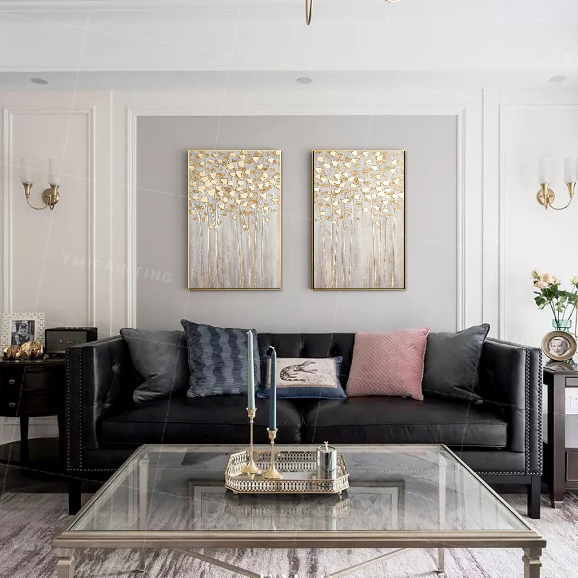 Set of 2 wall art Gold art framed paintings on canvas art Etsy