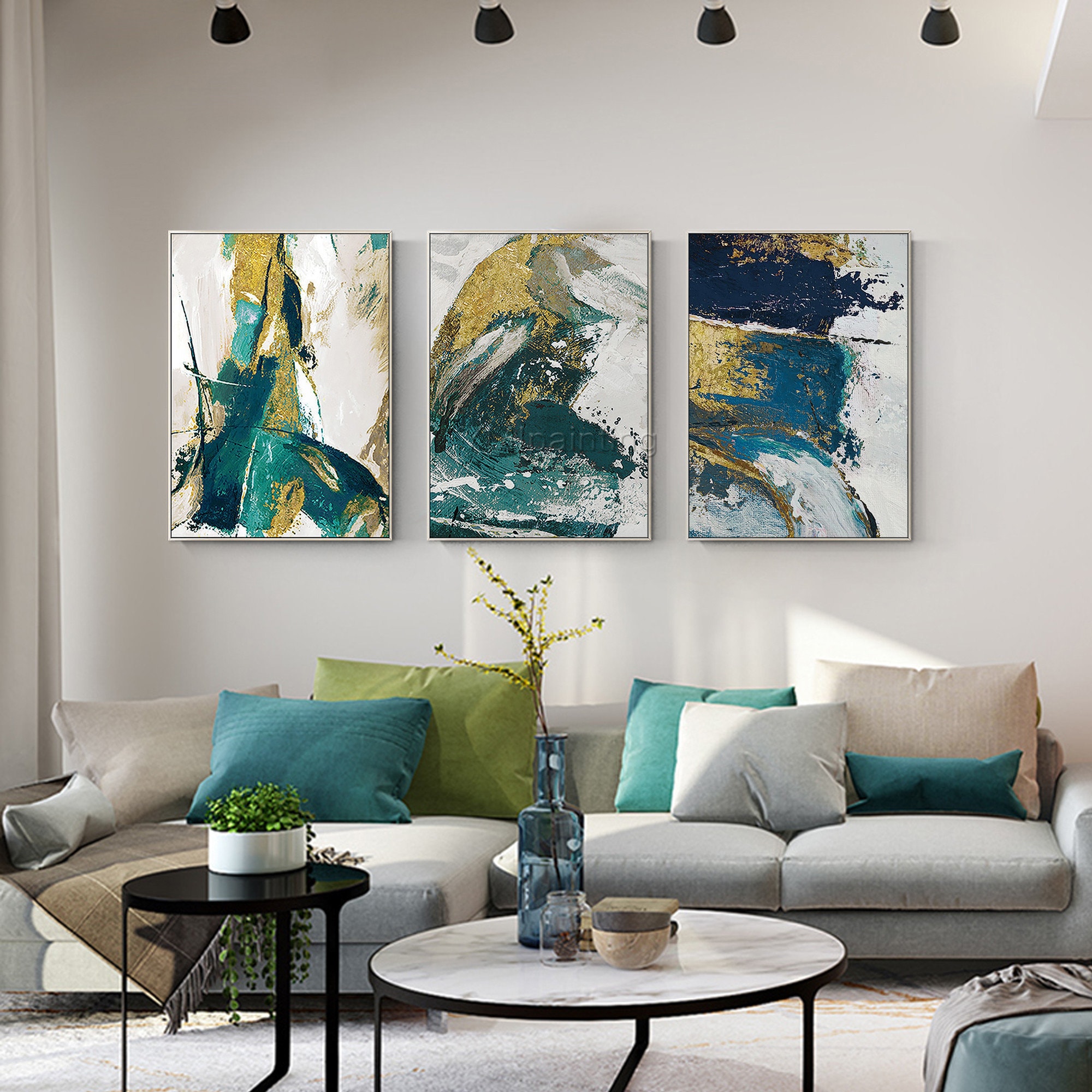 Set of 3 Wall Art framed painting Gold Emerald green blue Etsy
