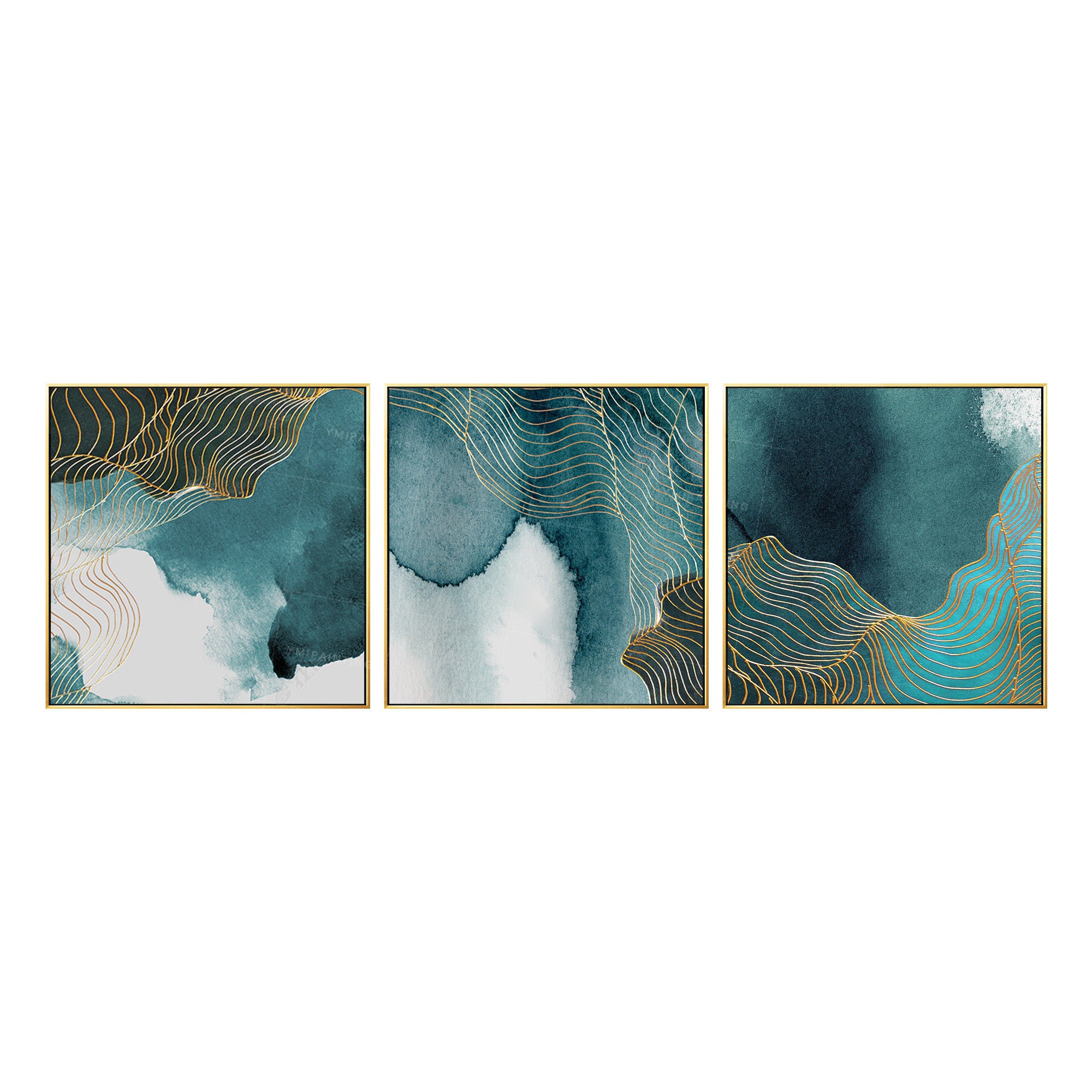 Set of 3 Wall Art Gold Line Painting Navy Sea Paintings on - Etsy UK