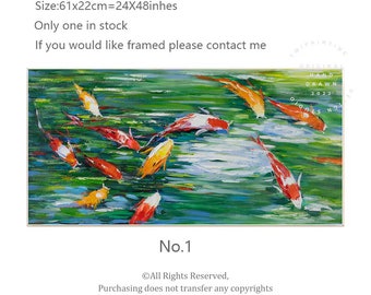 Pintura al óleo de peces koi: Arte original de Feng Shui (61 x 22 cm)