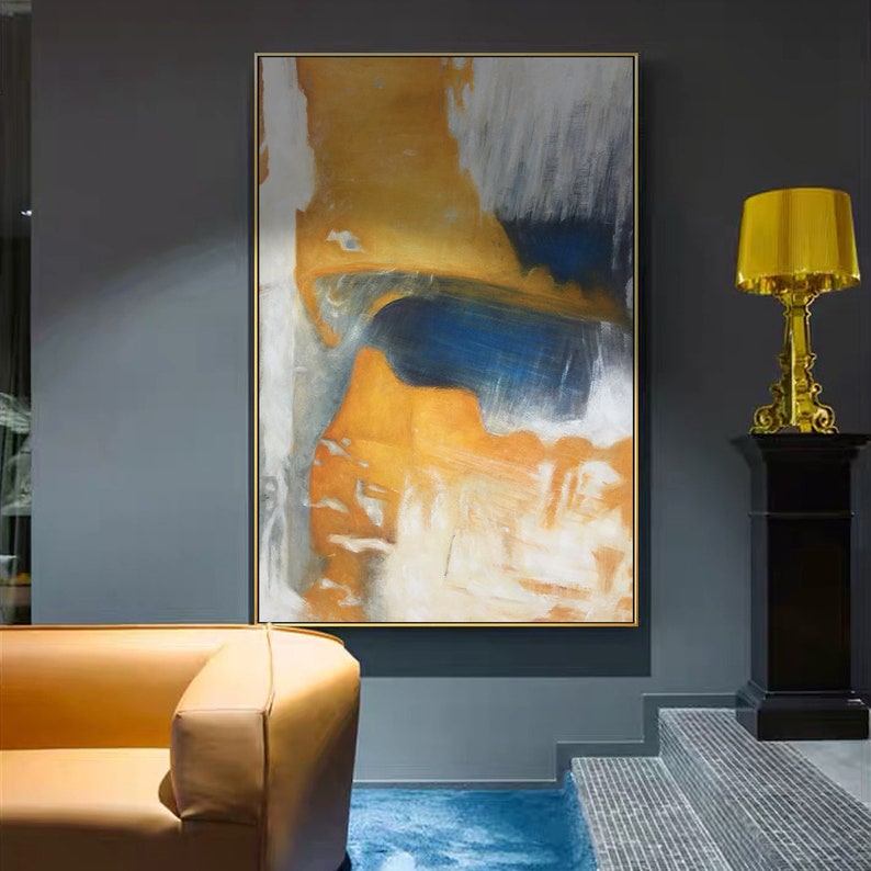 Mustard wall art acrylic Oversize Paintings on canvas blue Etsy