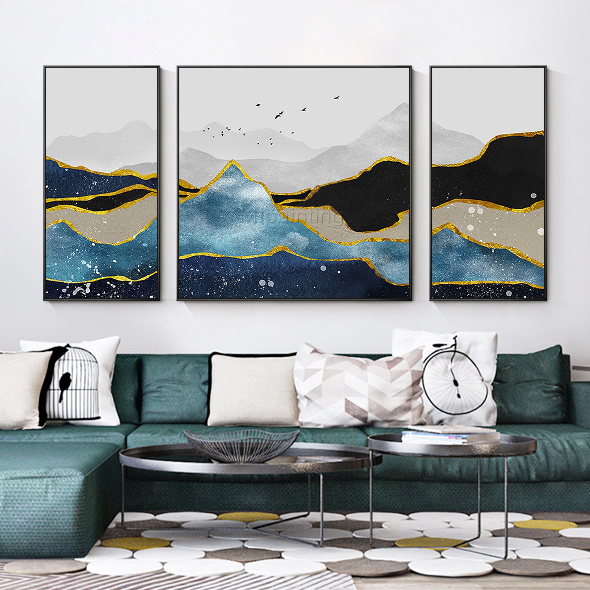 Gold Line Set of 3 Wall Art Mountains Peaks Landscape Abstract | Etsy