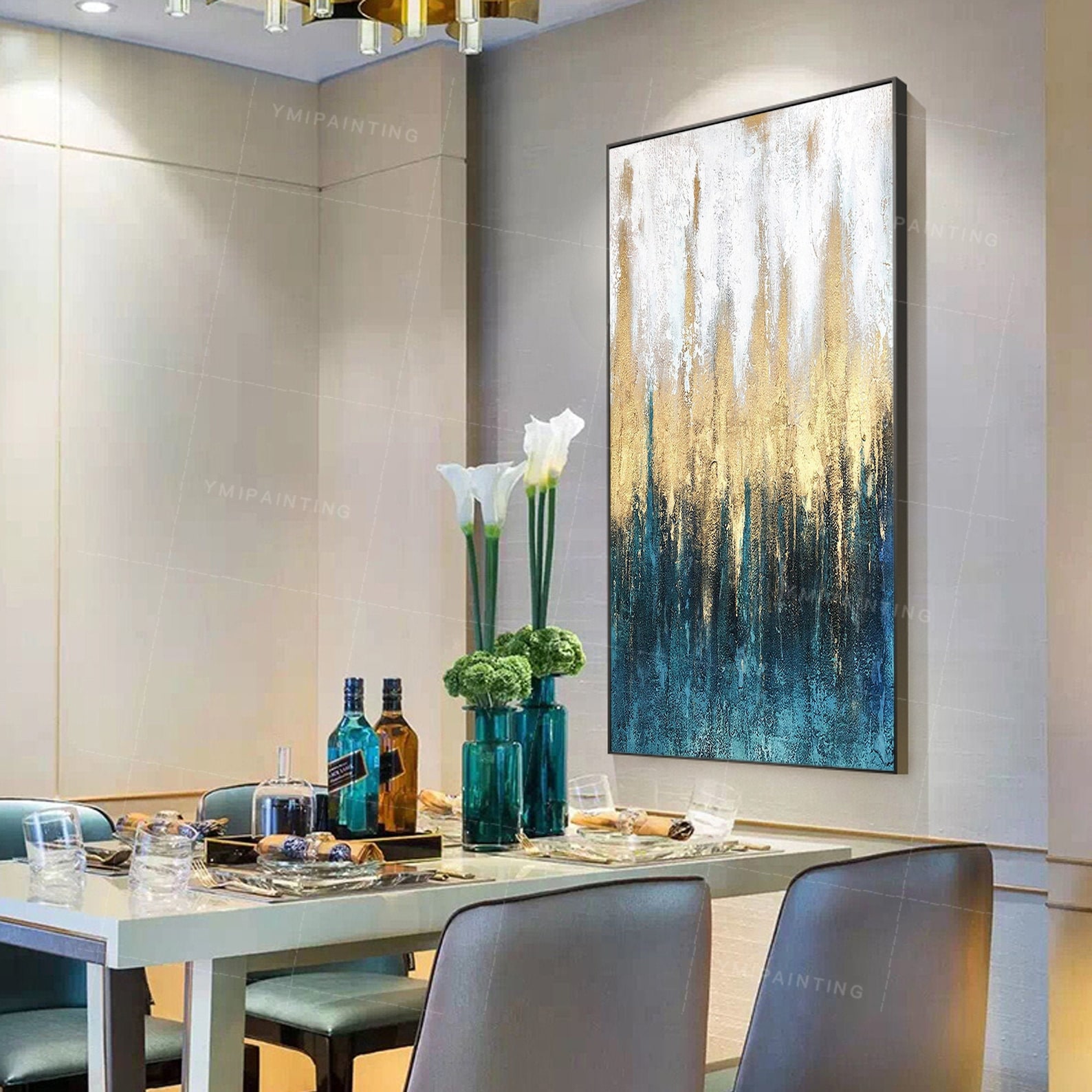 Large Abstract Artwork Painting Teal Wall Art Framed Wall Art Etsy