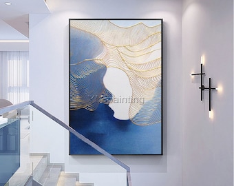 Großes blaues Gold Gemälde,große Landschaft Kunst,Gerahmte Wandkunst,große Leinwand Wandkunst,gold Wanddekor,gold blaue Wandkunst,Geschenkidee,Ymipaint