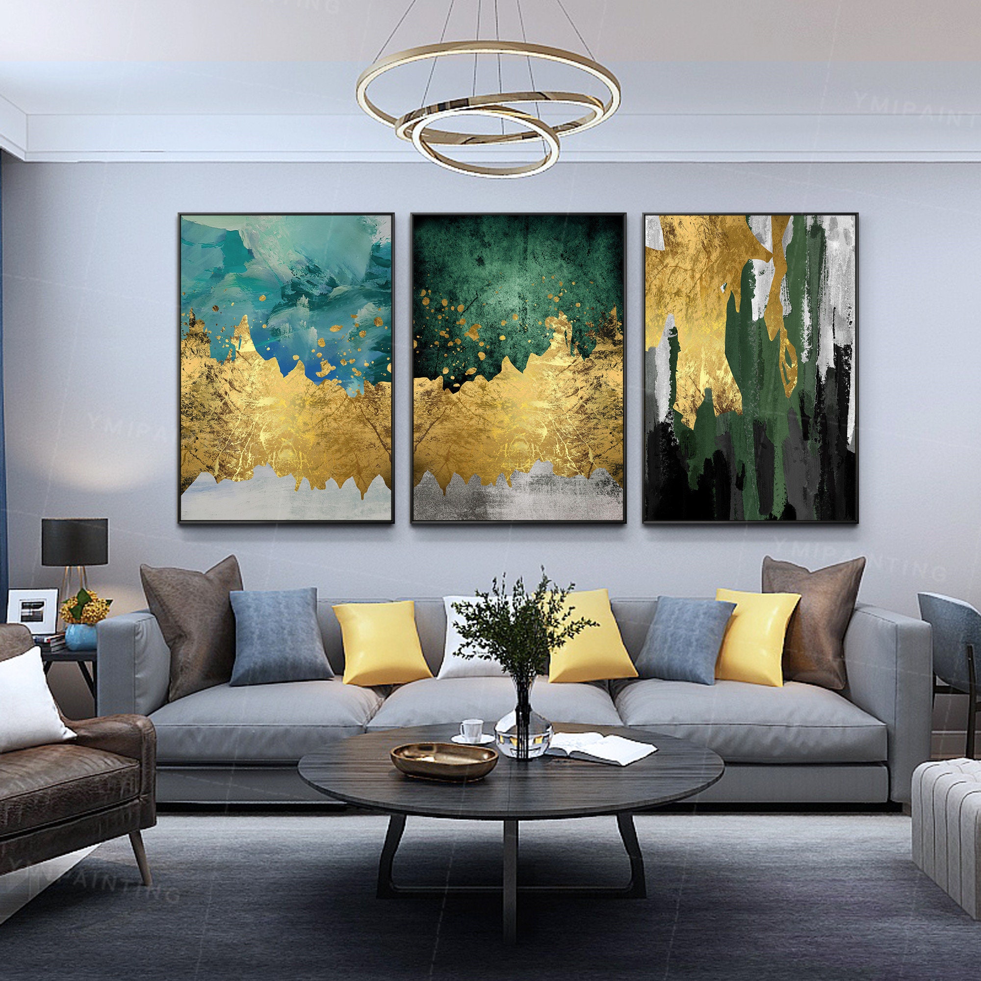 Gold leaf Framed painting set of 3 wall art Gold art acrylic | Etsy