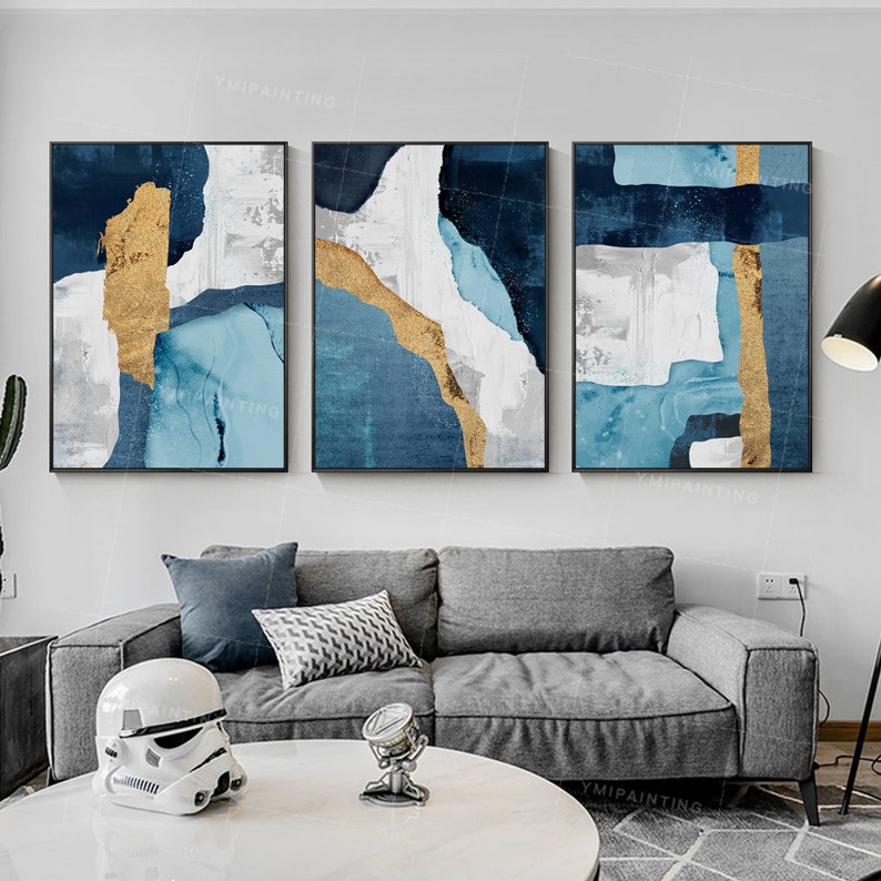 Gold leaf framed painting set of 3 Wall Art teal blue painting Etsy