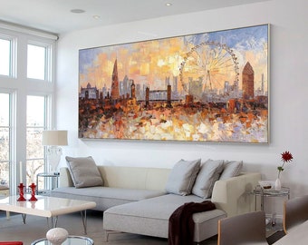 3D Original London city Skyline paintings On Canvas/Modern impasto heavy texture cityscape Large wall pictures oil painting framed wall art