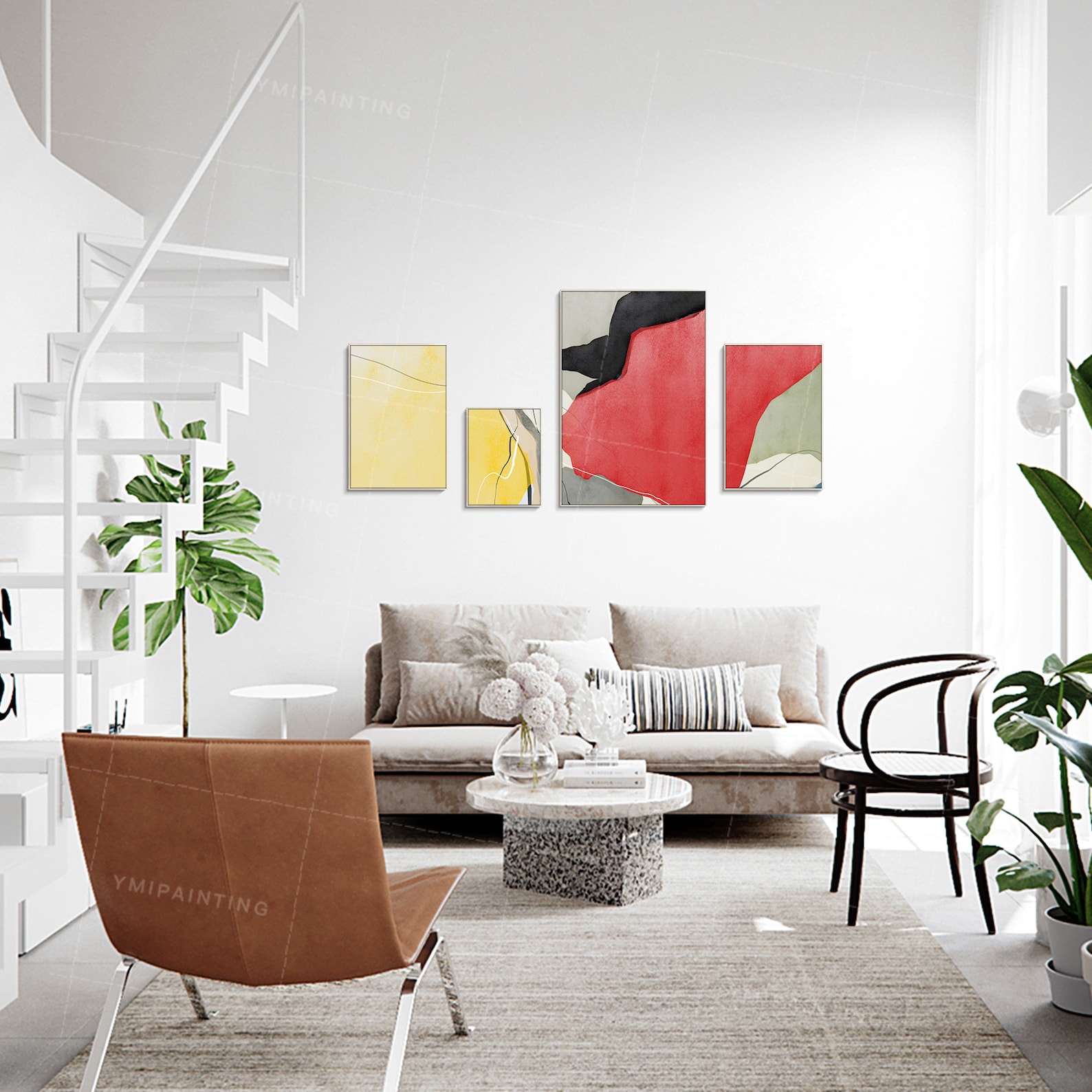 Set of 4 Wall Art Mustard Yellow Art Abstract Acrylic Geometry Etsy