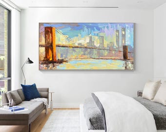 Teksturowana sztuka przedstawiająca Most Brookliński: Duży obraz przedstawiający pejzaż miejski, Sztuka miejska na ścianie