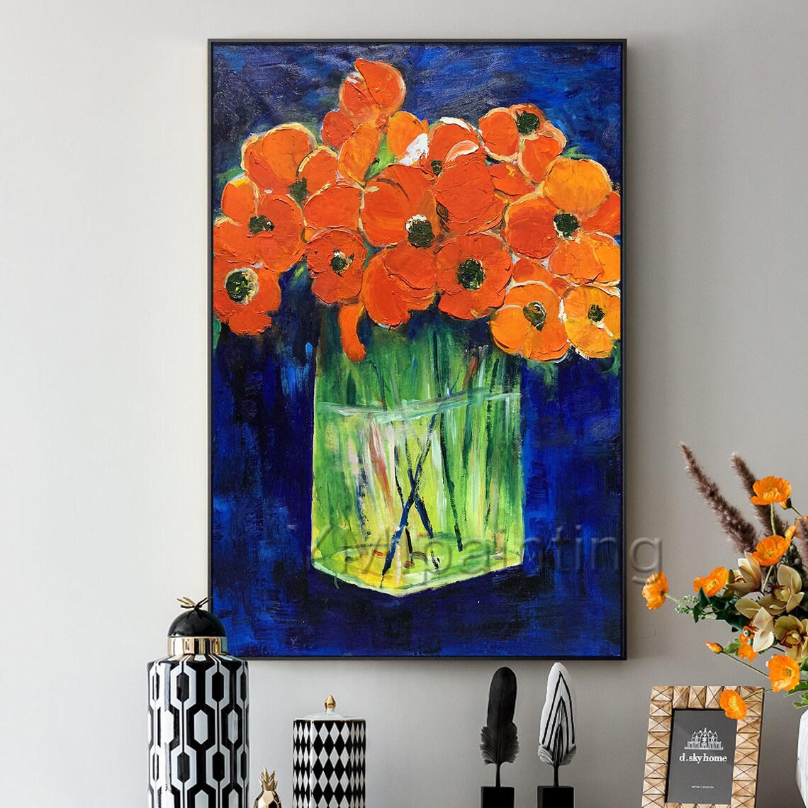 Abstract floral painting orange poppy paintings on canvas wall Etsy