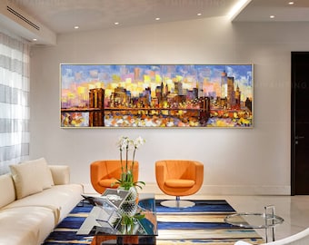Obraz olejny przedstawiający Most Brookliński: Teksturowana sztuka panoramy Manhattanu, Sztuka miejska