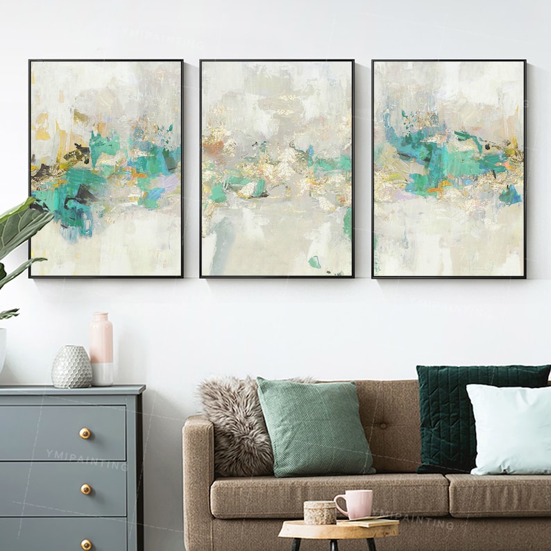 3 piece wall art framed Teal wall art decor painting on canvas | Etsy