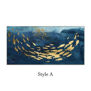 May include: Abstract painting of a school of gold fish swimming in a blue ocean. The fish are silhouetted against a blue and white background.