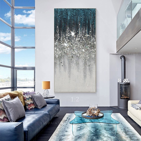 teal wall art Original Glitter painting,Teal wall art,Silver glitter wall art