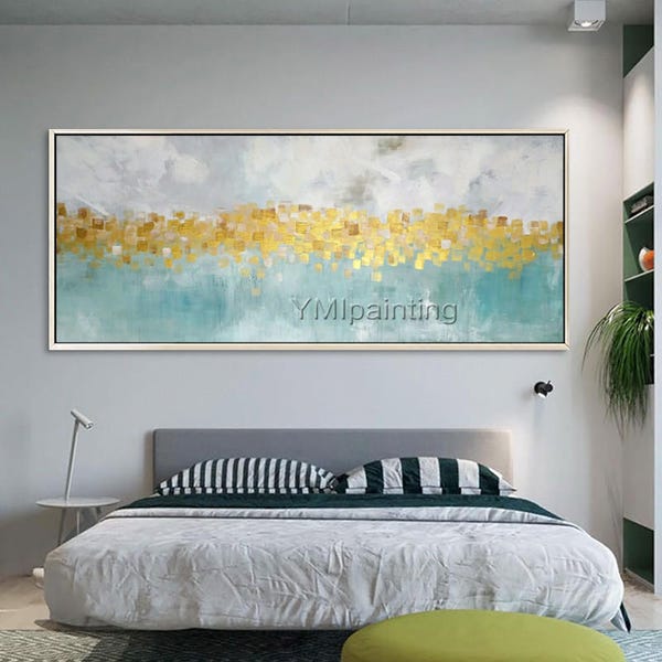 Framed wall art Acrylic Abstract flower Gold Green Teal Original painting on canvas nordic extra large painting living room wall Decor