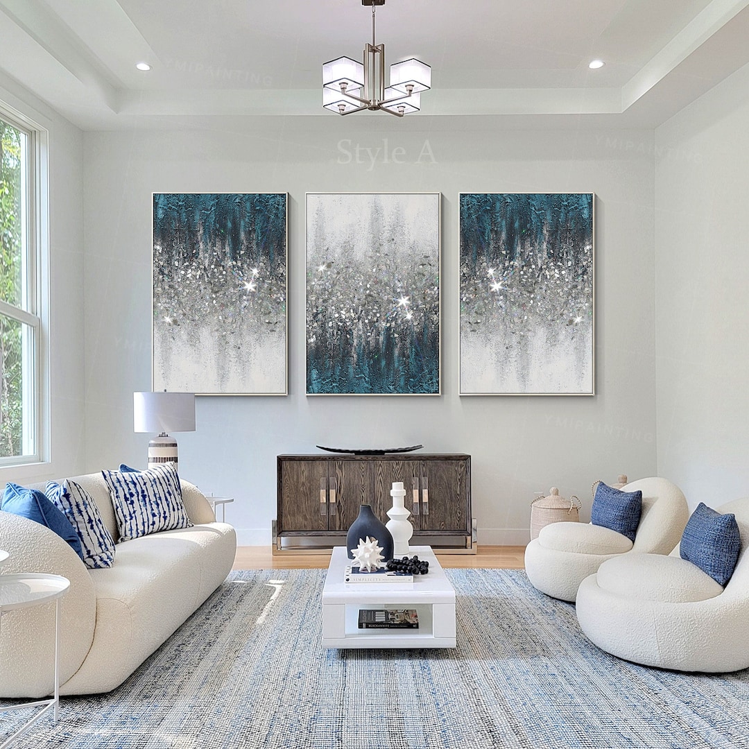 Teal Blue Glitter Painting: Crushed Glass Silver Wall Art, 3 Piece
