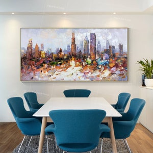 Chicago painting Framed wall art Ymipainting Illinois Skyline abstract living room colorful Citys paintings on canvas texture palette kinfe