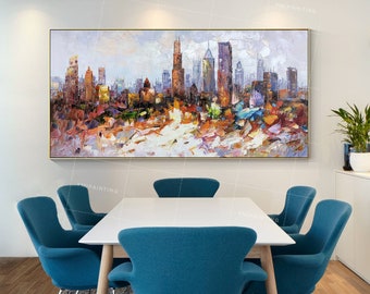 Chicago Skyline Painting: Abstract Cityscape Framed Canvas Art