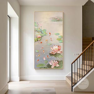 Large lotus and 9 koi fish oil painting,feng shui wall decor,lotus oil painting,living roome decor,mirror carp gift ideas,lobby art,Ymipaint