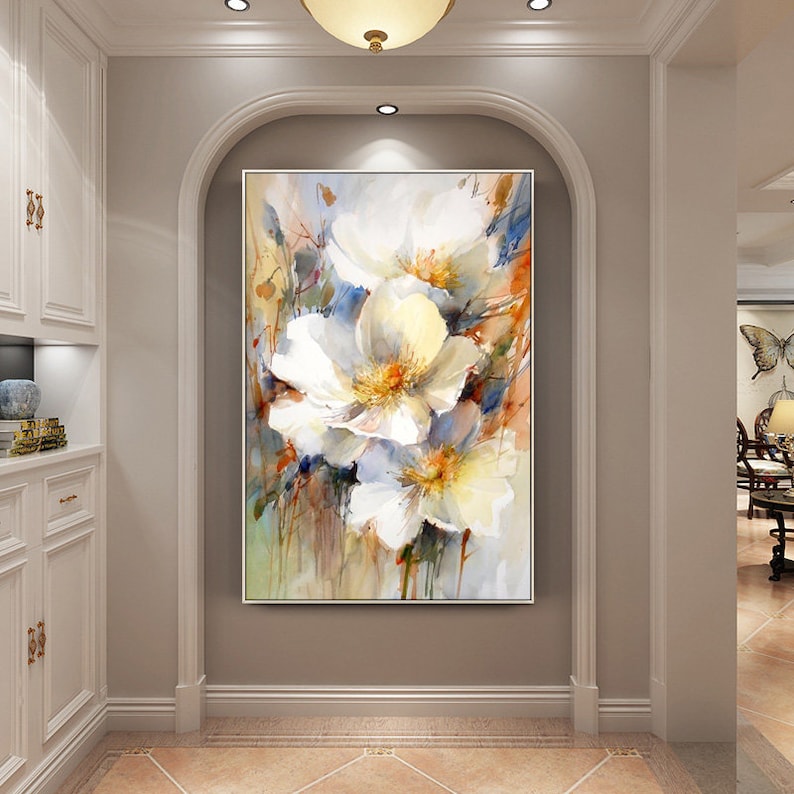 Pintura al óleo de flores blancas: Arte floral con espátula sobre lienzo. imagen 4