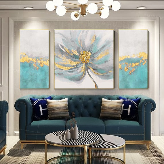 ゴールドの抽象的な花の絵画セット：ティールブルーの壁アート、3