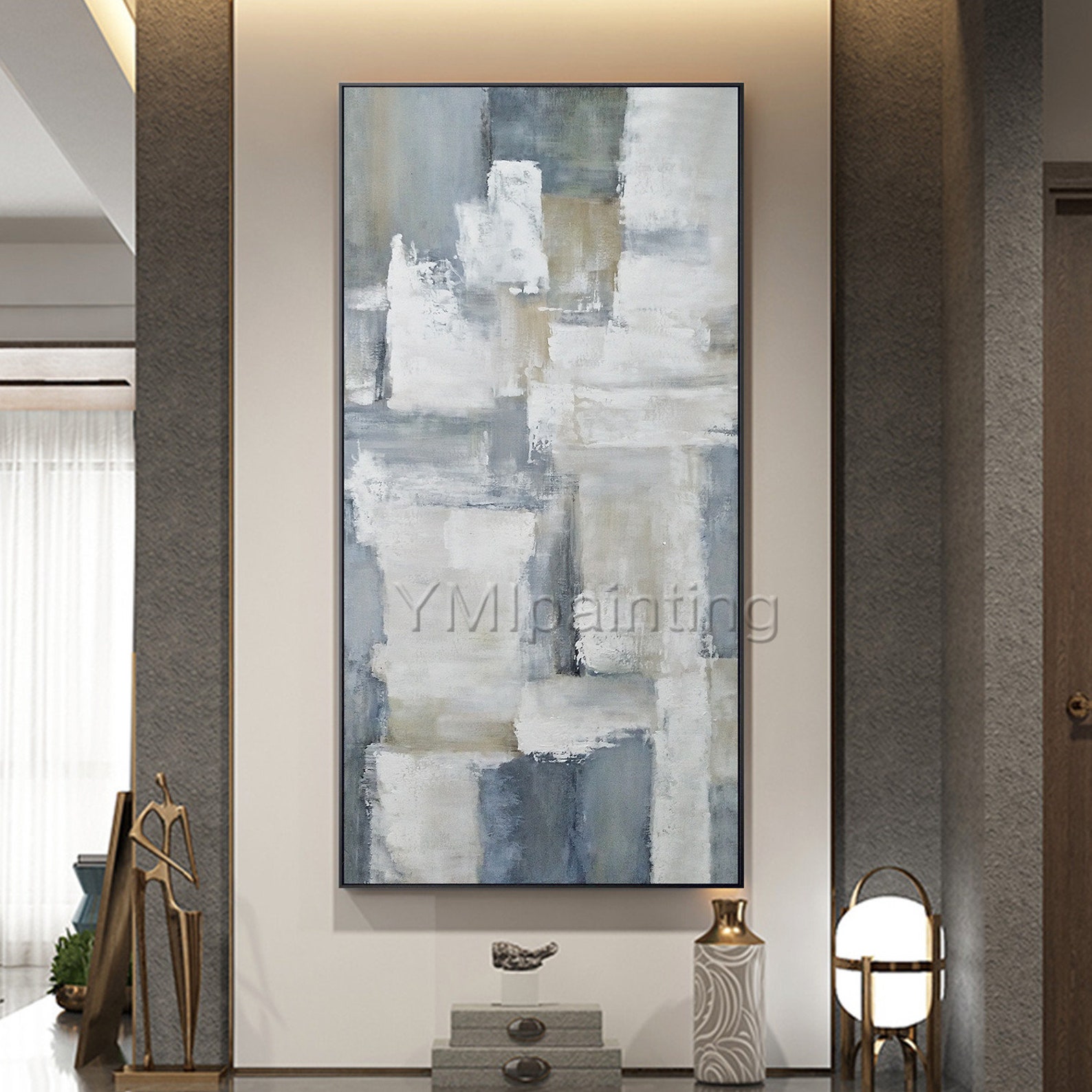 Framed Wall Art White Gray Paintings on Canvas Original Etsy